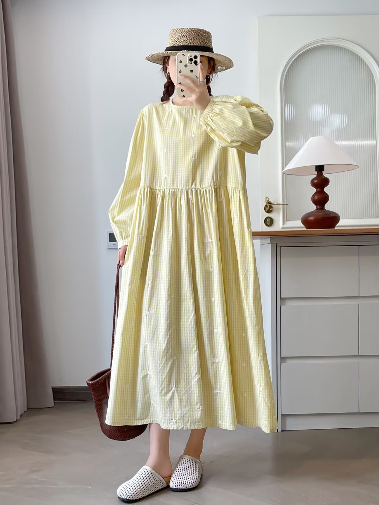 Bust 118cm mori girl autumn Ja - Embroidery Yellow Dress ulasan dan harga