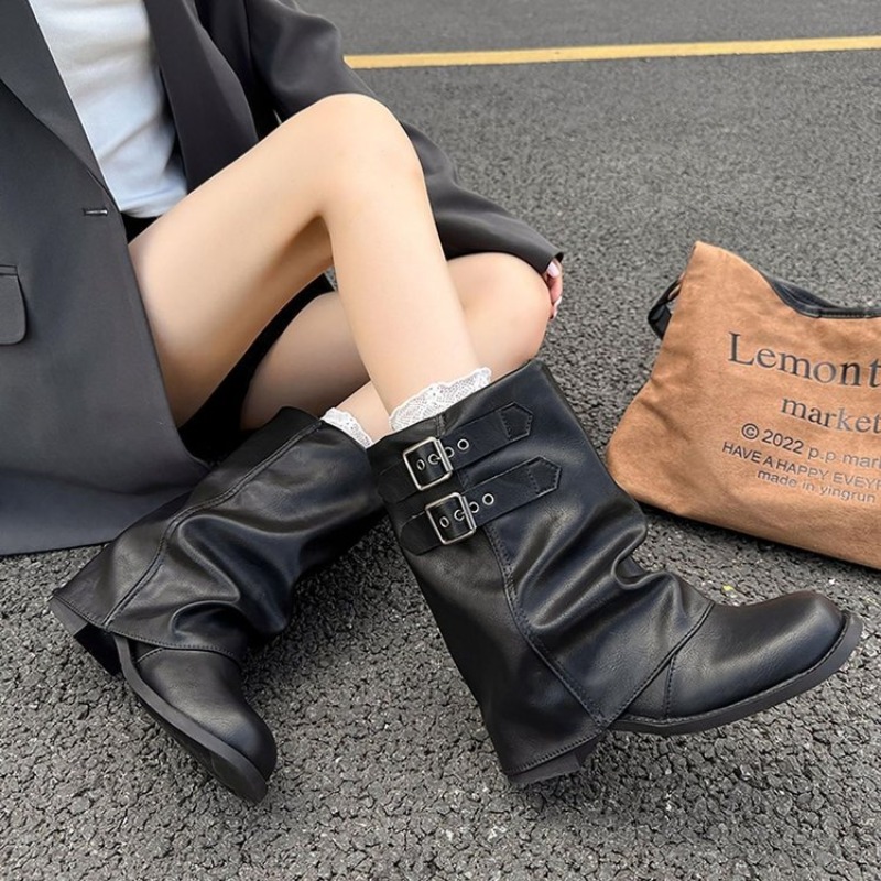 Women Double Buckle Slouch Mid - Embroidery Garments ulasan dan harga