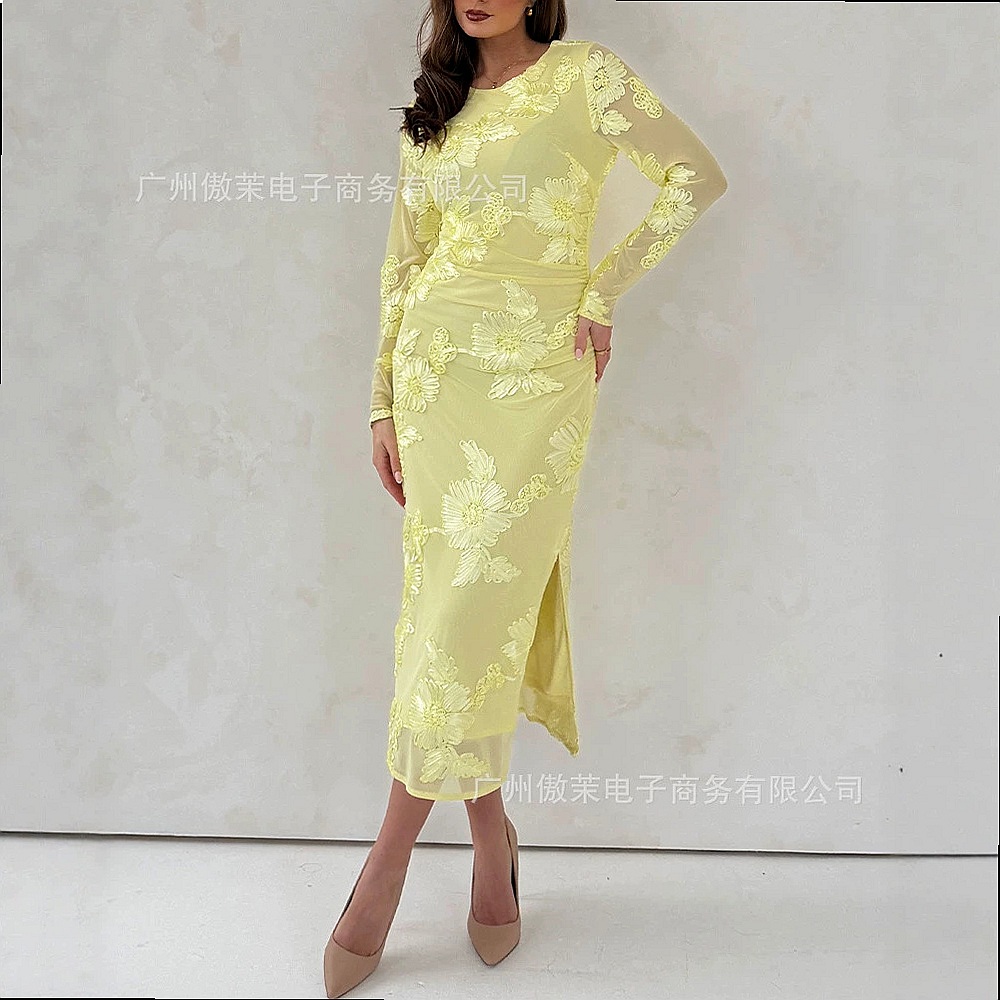 Bright Yellow 3D Floral Embroi - Embroidery Yellow Dress ulasan dan harga