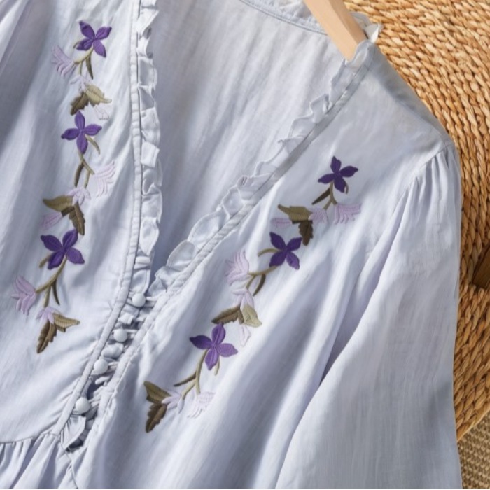 Elegant Purple Floral Embroide - Embroidery Cotton Shirt ulasan dan harga